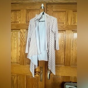 BearPaw- Striped Open Front Cardigan in Light Beige and White